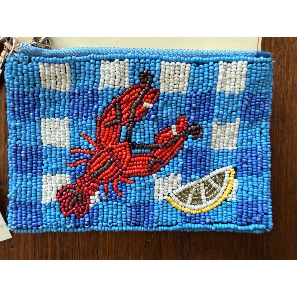 Sol and Mer Beaded Lobster Coin Purse Blue Checkered Nautical Pouch Tassel NWT